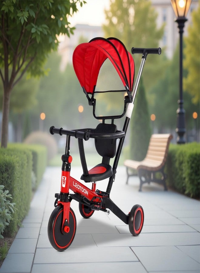 Leotoon 4 in 1 Trot n Roll Tricycle, Sunshade, 3 Mute EVA Wheels, Big Wheel Hub, Steel Frame, Non-Slip Tyres, Extendable Handle, Convertible to Balance Bike, Red, 2 to 6 Years - Image 1